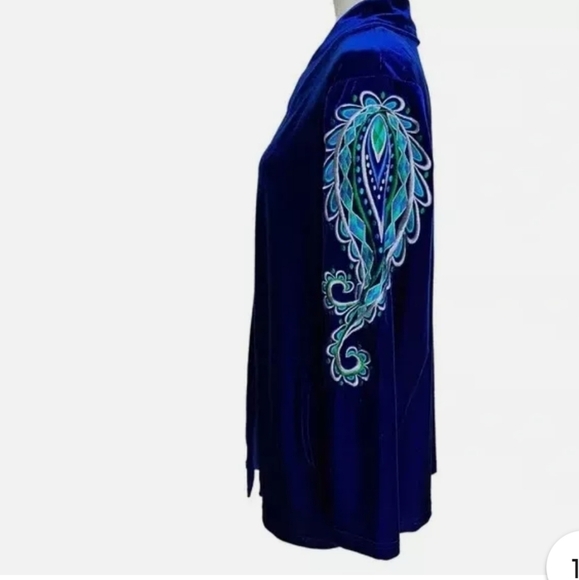 BOB MACKIE Vtg Royal Blue Velvet Peacock Whimsigoth Fairycore Zip Jacket Sz L - Picture 3 of 10